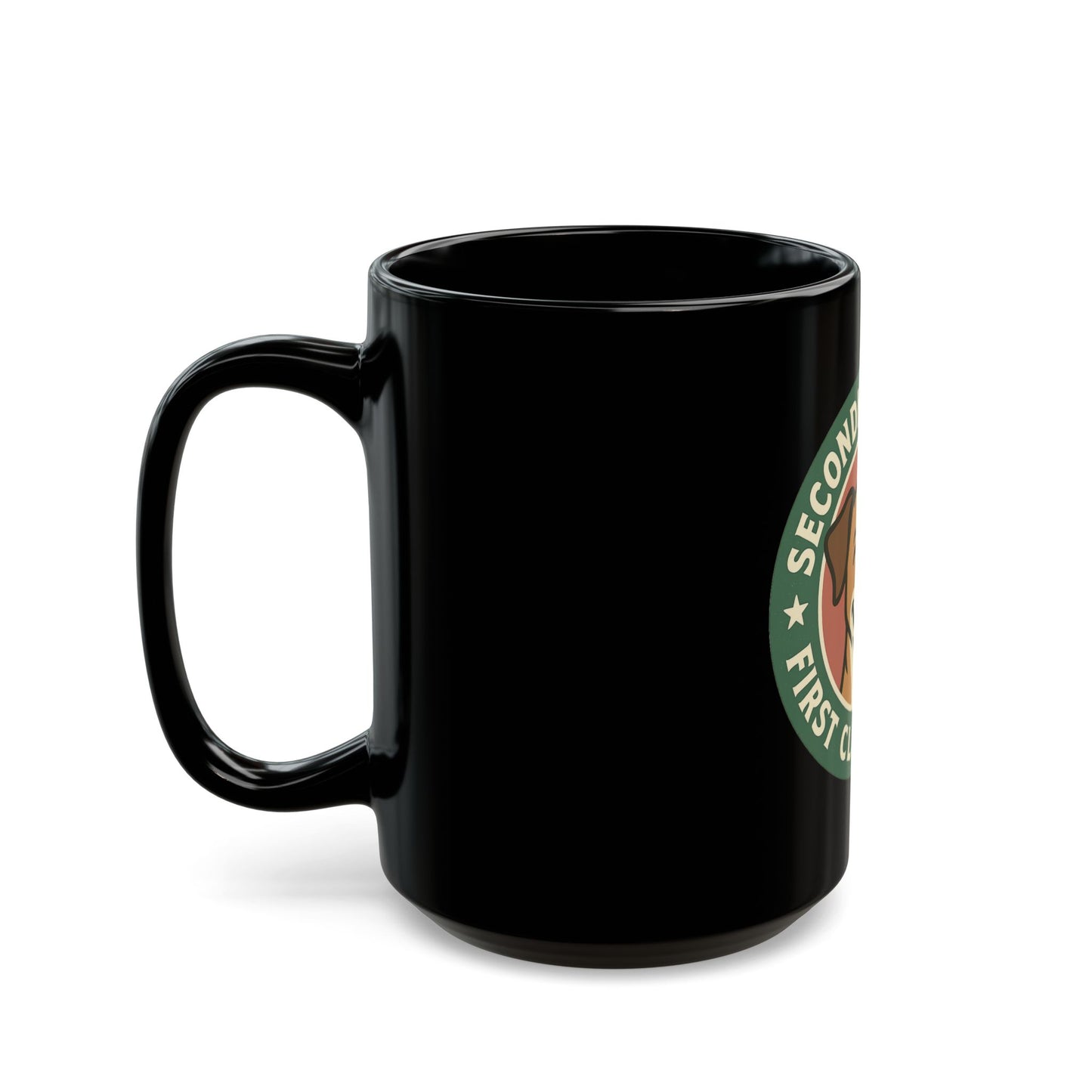 Black mug with a logo on a white background