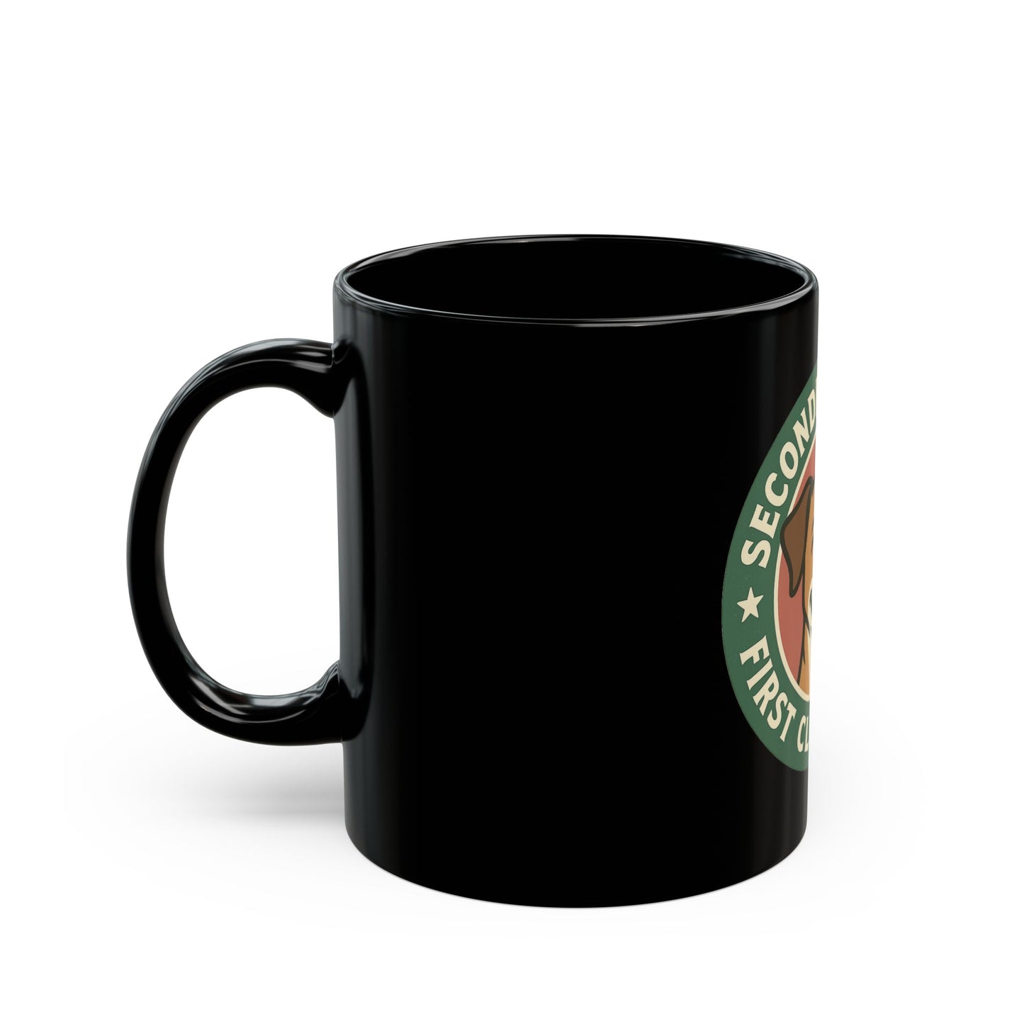 Black mug with a logo on a white background