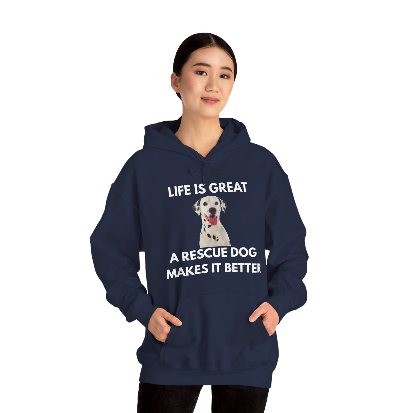 Person wearing a navy blue hoodie with a dog graphic and text on a white background