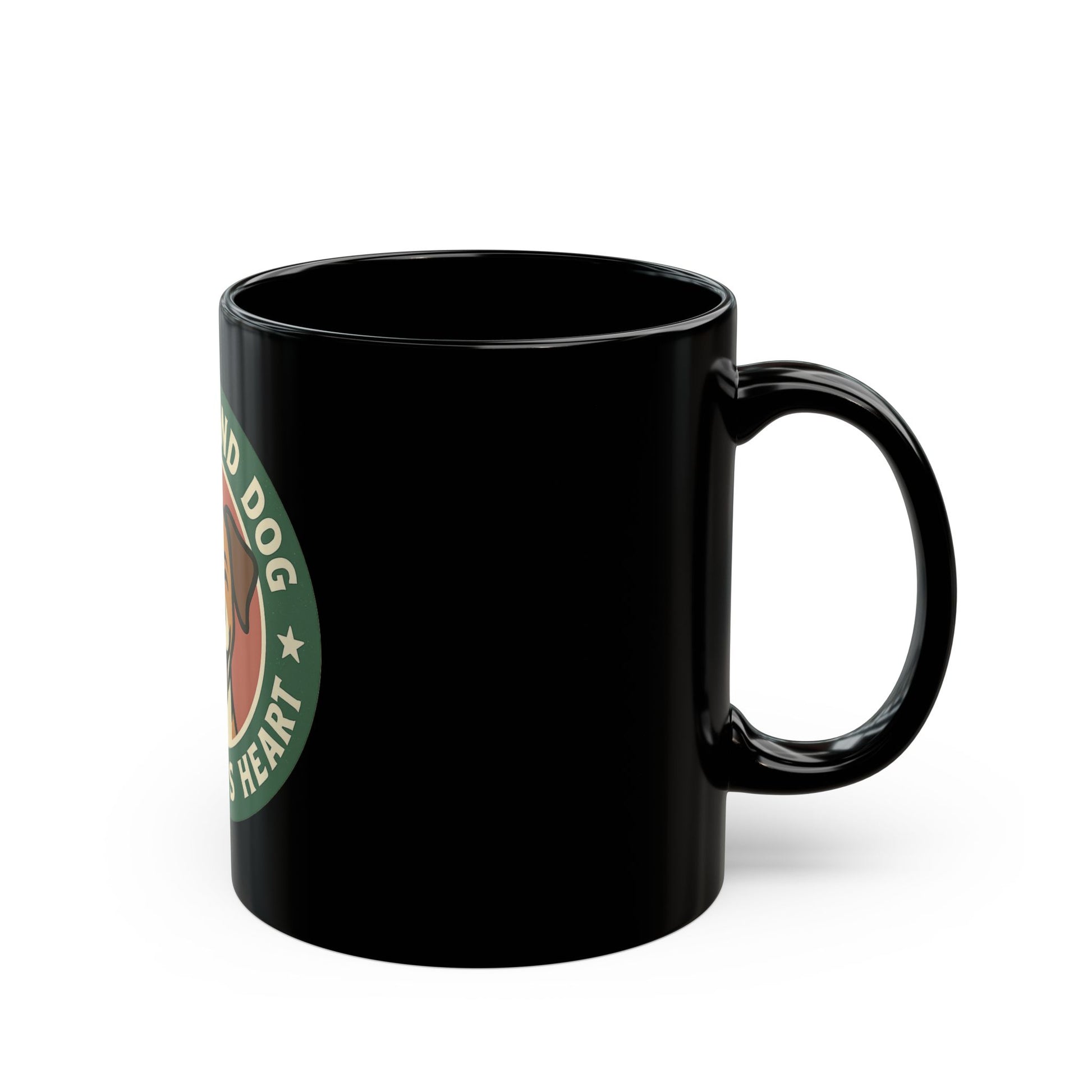 Black mug with a logo on a white background
