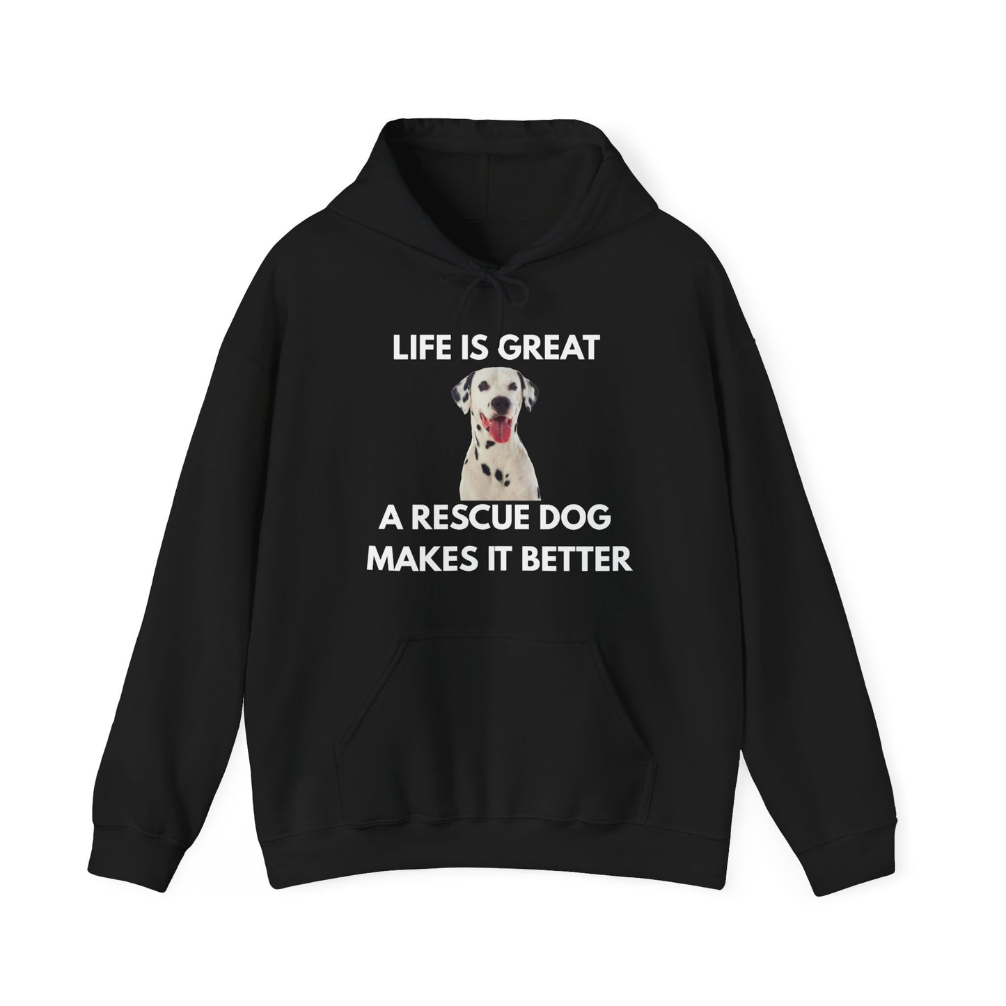 Black hoodie with a graphic of a Dalmatian dog and text on a white background