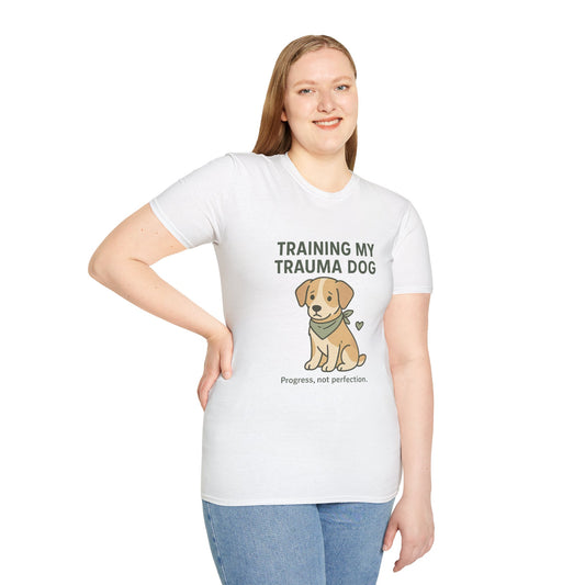 Person wearing a white t-shirt with a graphic of a dog and text on a white background