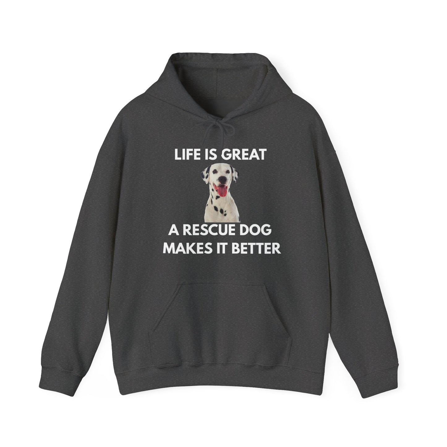 Dark gray hoodie with a graphic of a Dalmatian and text on a white background
