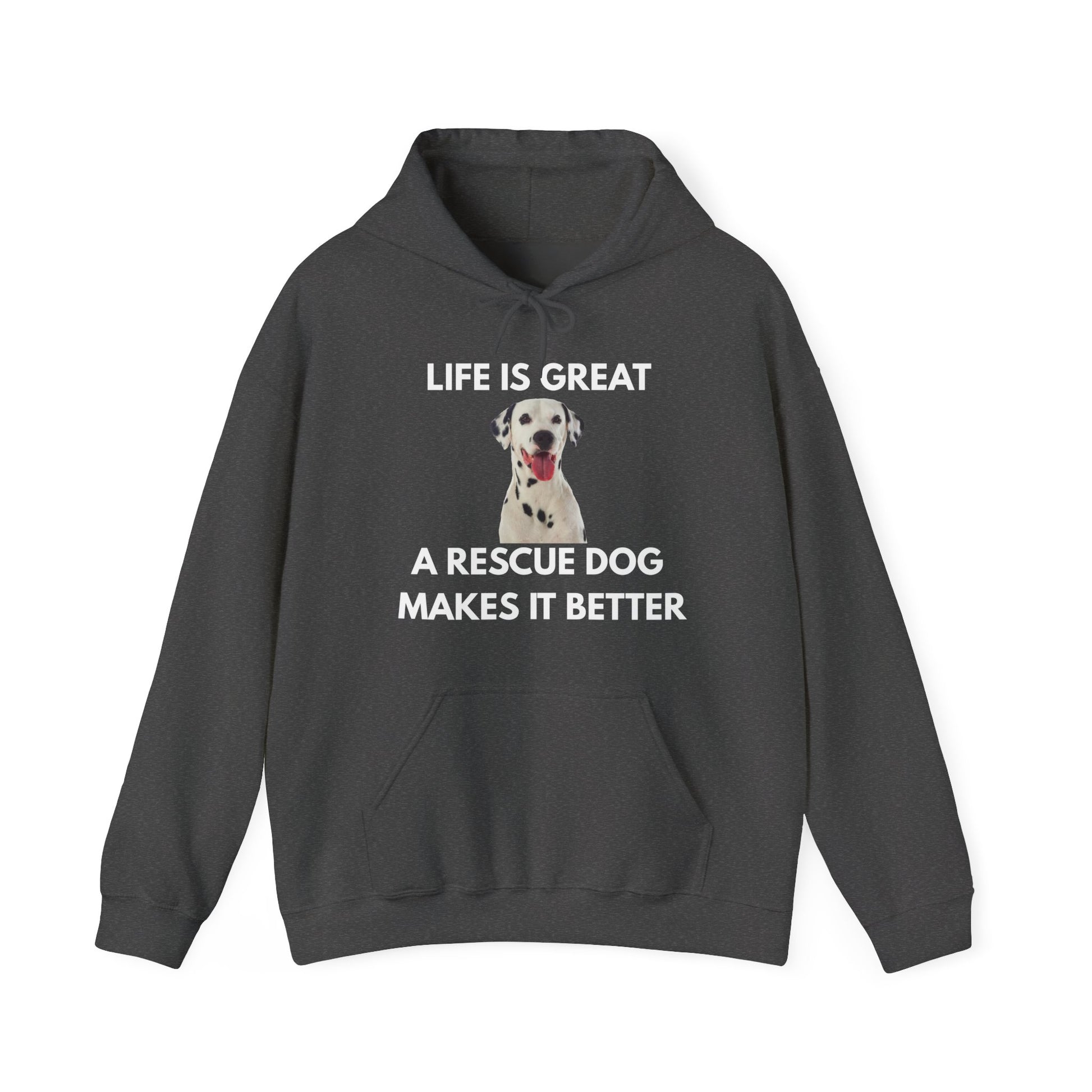 Dark gray hoodie with a graphic of a Dalmatian and text on a white background
