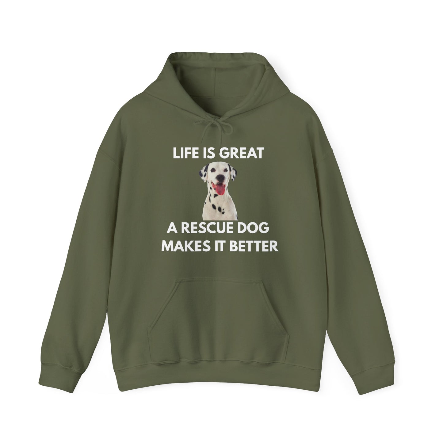 Green hoodie with a dog graphic and text on a white background