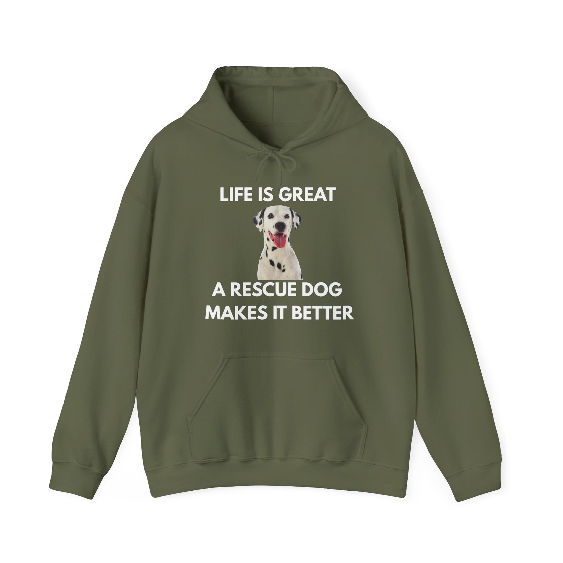 Green hoodie with a dog graphic and text on a white background