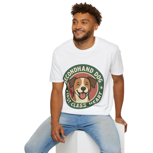 Man wearing a white t-shirt with a dog graphic and text, sitting on a white stool against a white background.