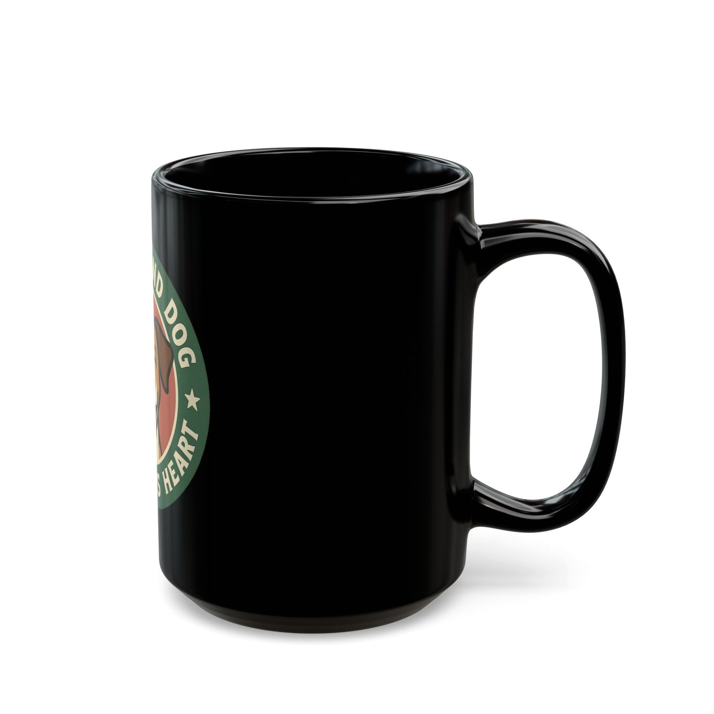 Black mug with a logo on a white background