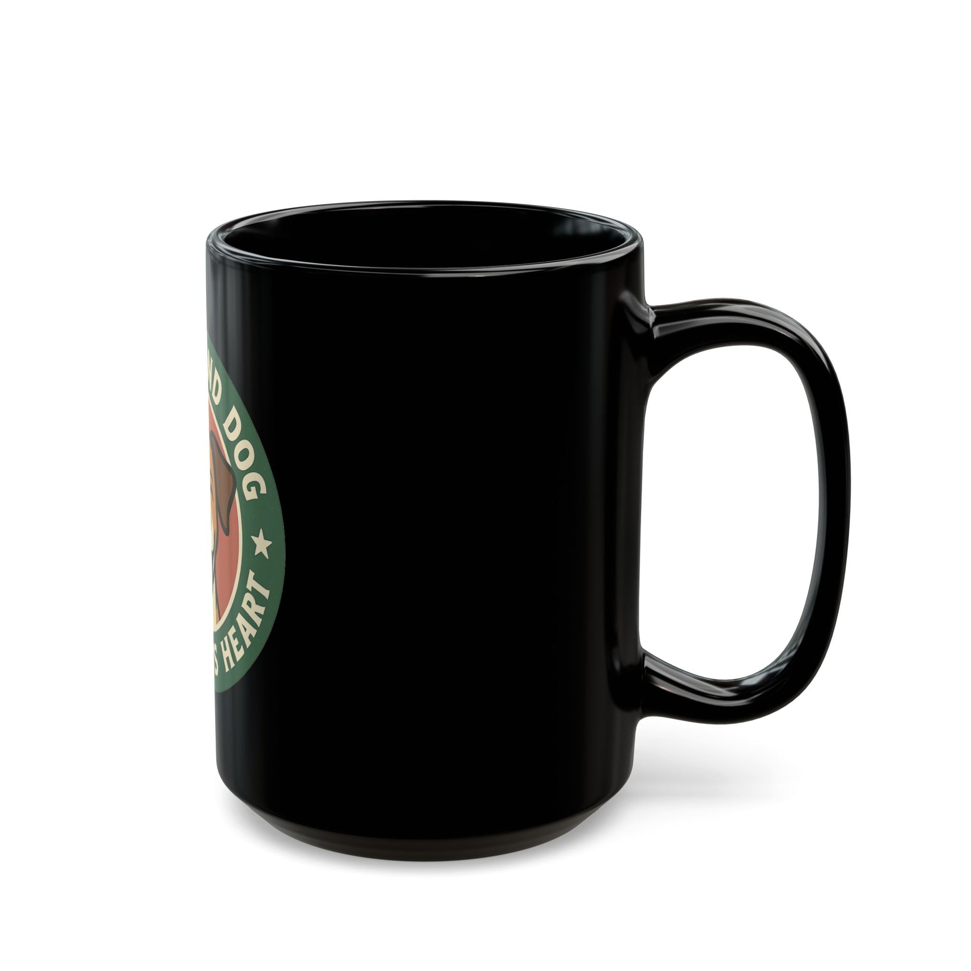Black mug with a logo on a white background