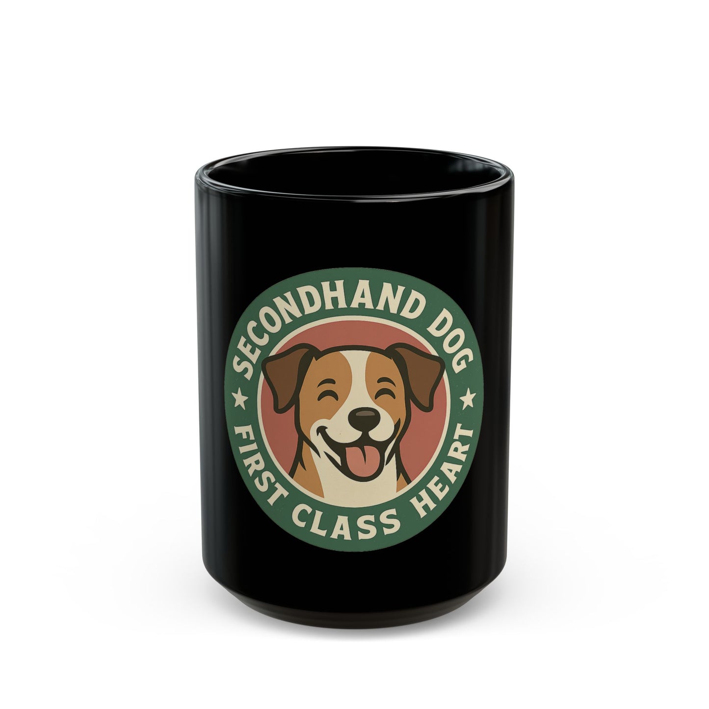 Black mug with a dog-themed design and text on a white background
