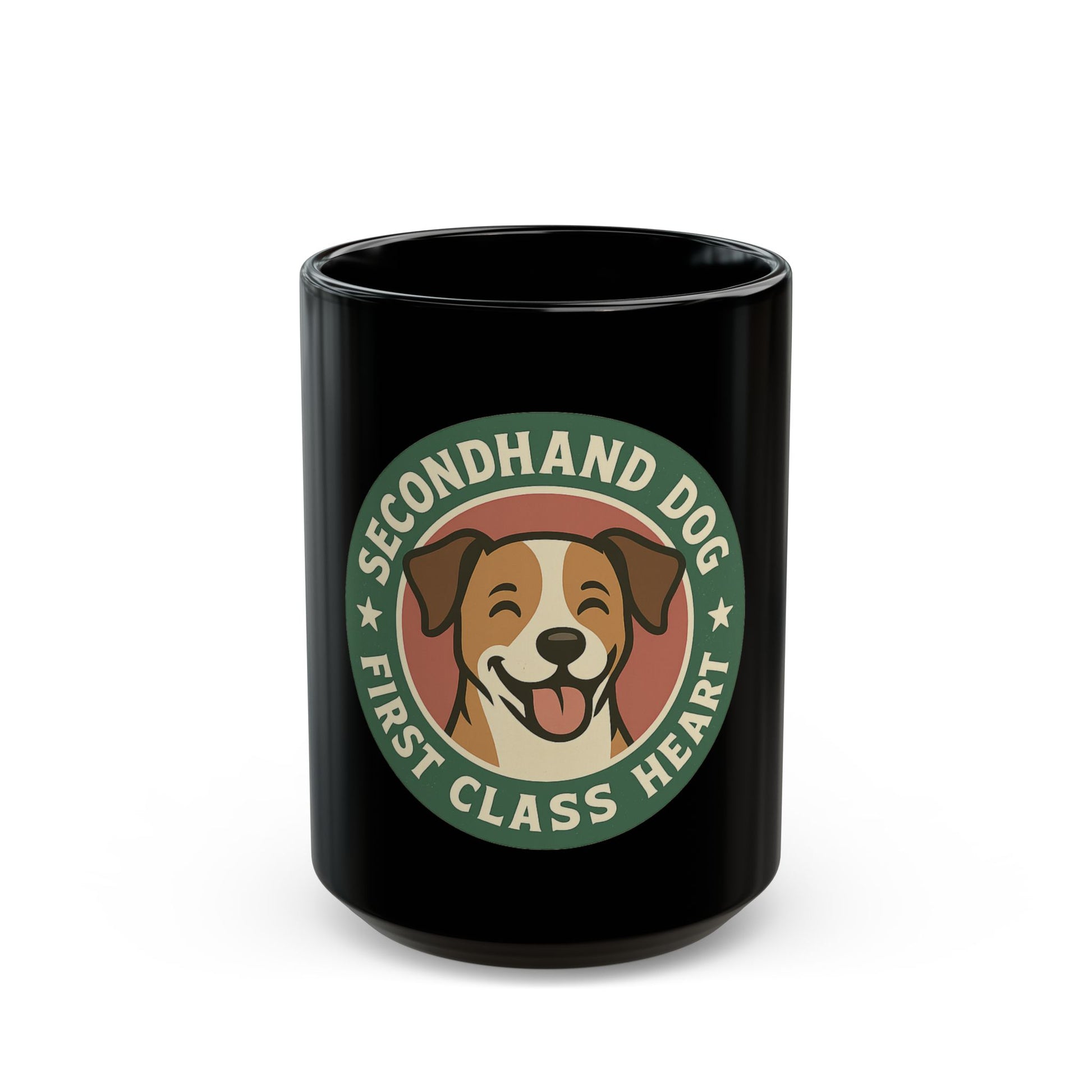 Black mug with a dog-themed design and text on a white background