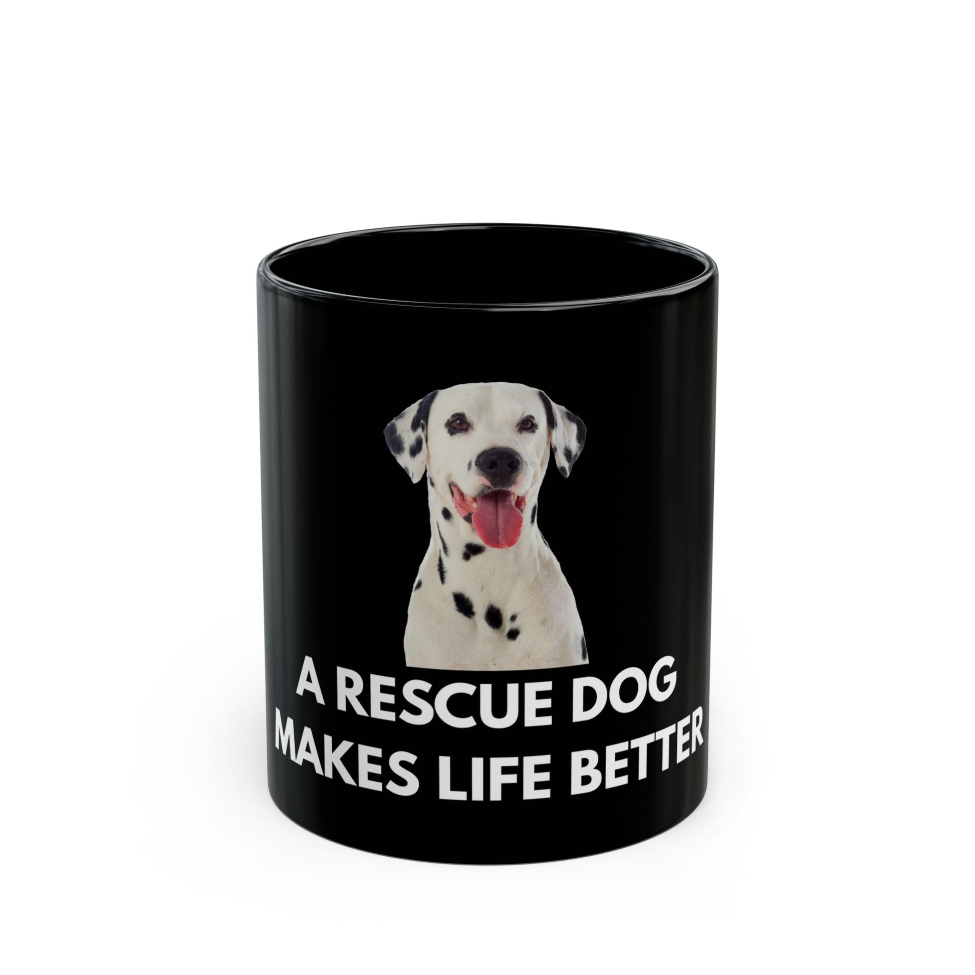 Black mug with a Dalmatian dog illustration and text on a white background