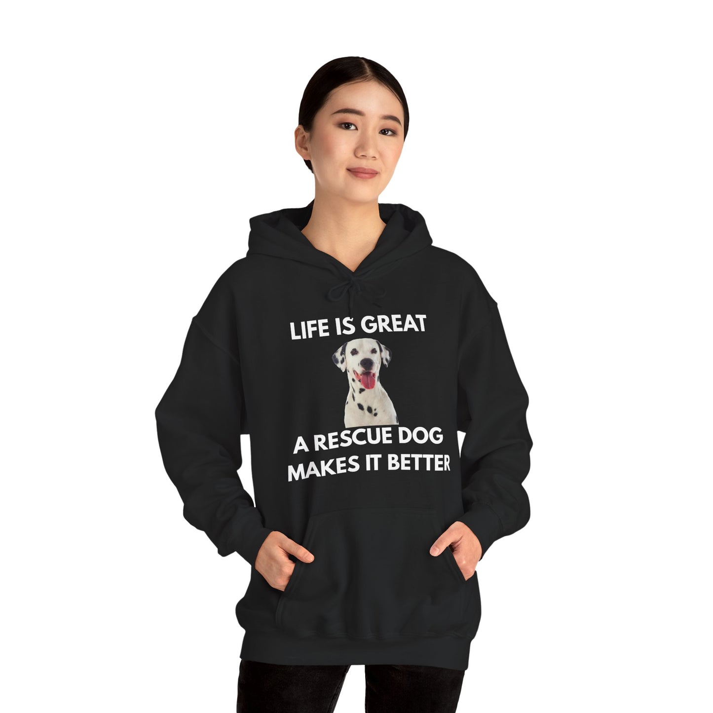 Person wearing a black hoodie with a dog graphic and text on a white background
