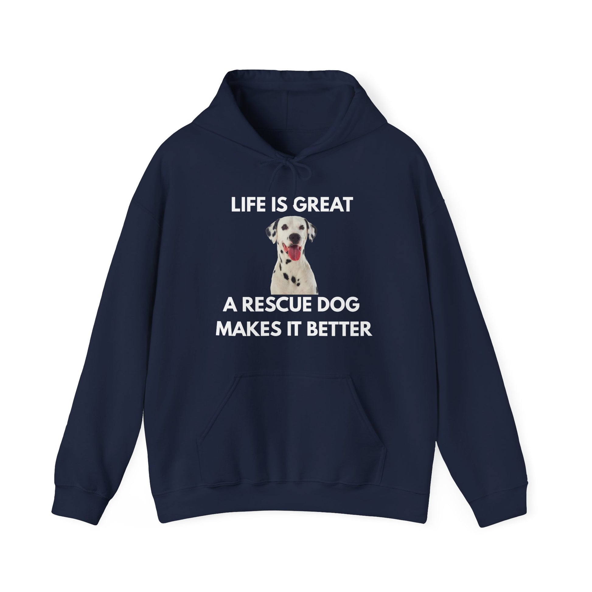 Navy blue hoodie with a graphic of a Dalmatian dog and text on a white background