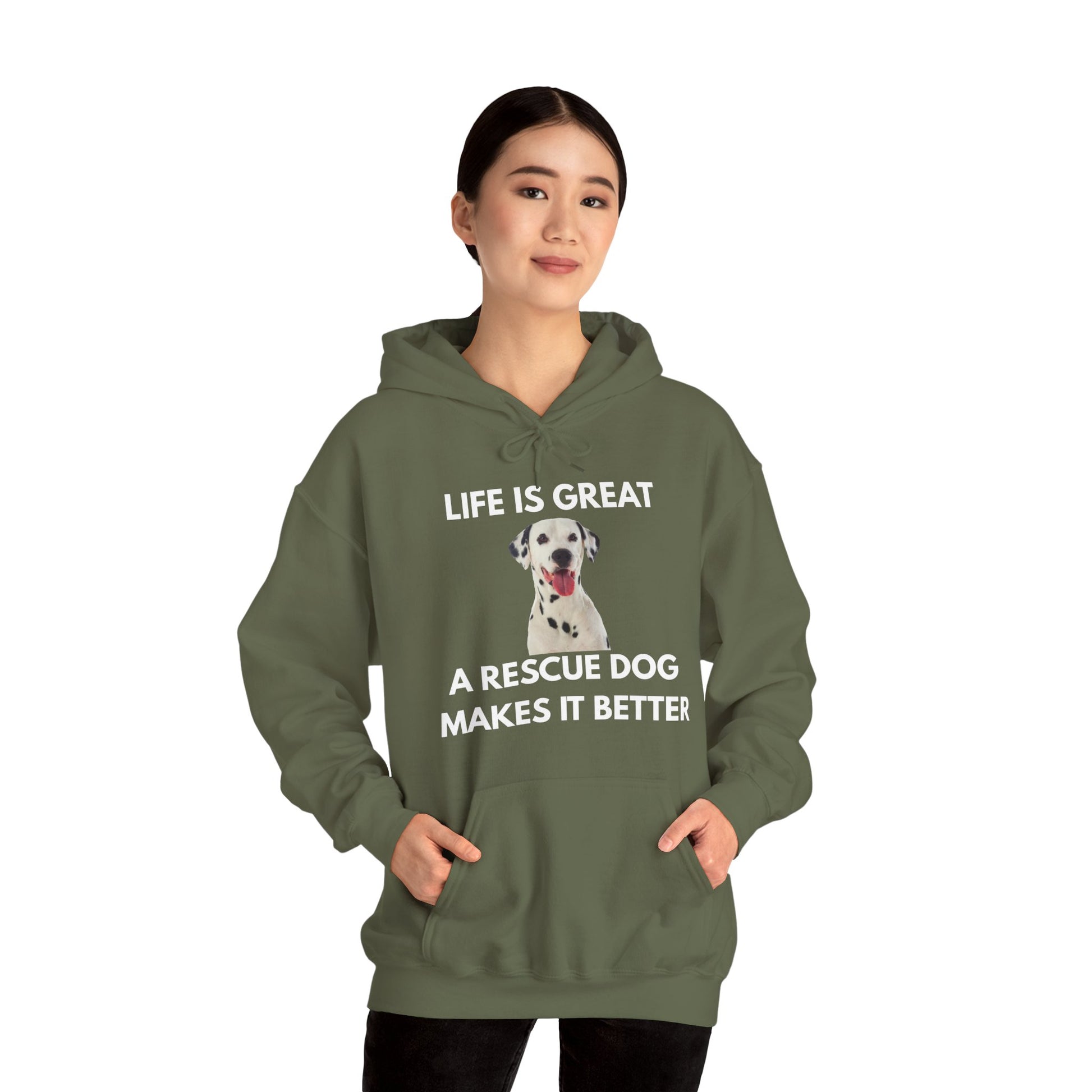 Person wearing a green hoodie with a dog graphic and text on a white background