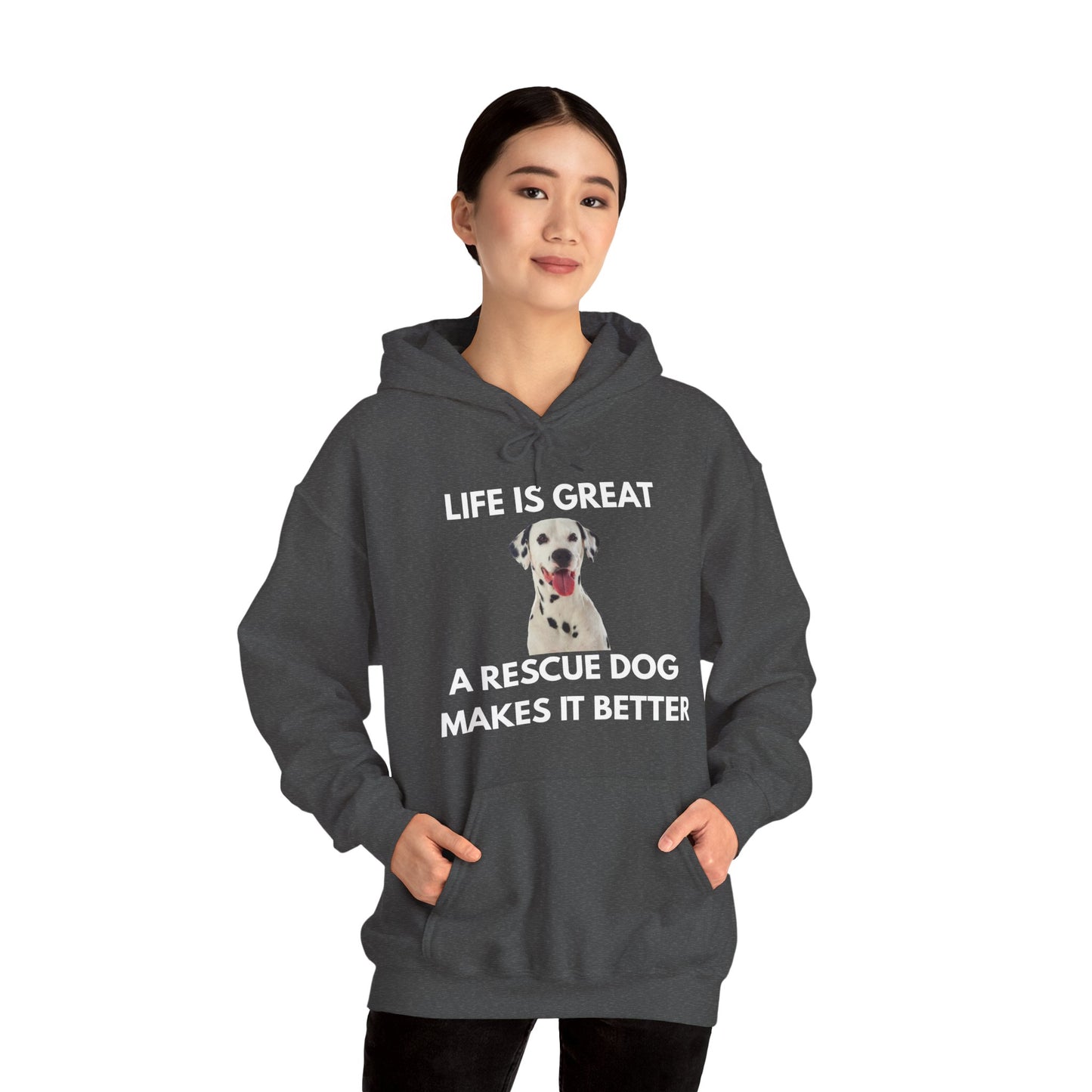Person wearing a dark gray hoodie with a graphic and text on a white background