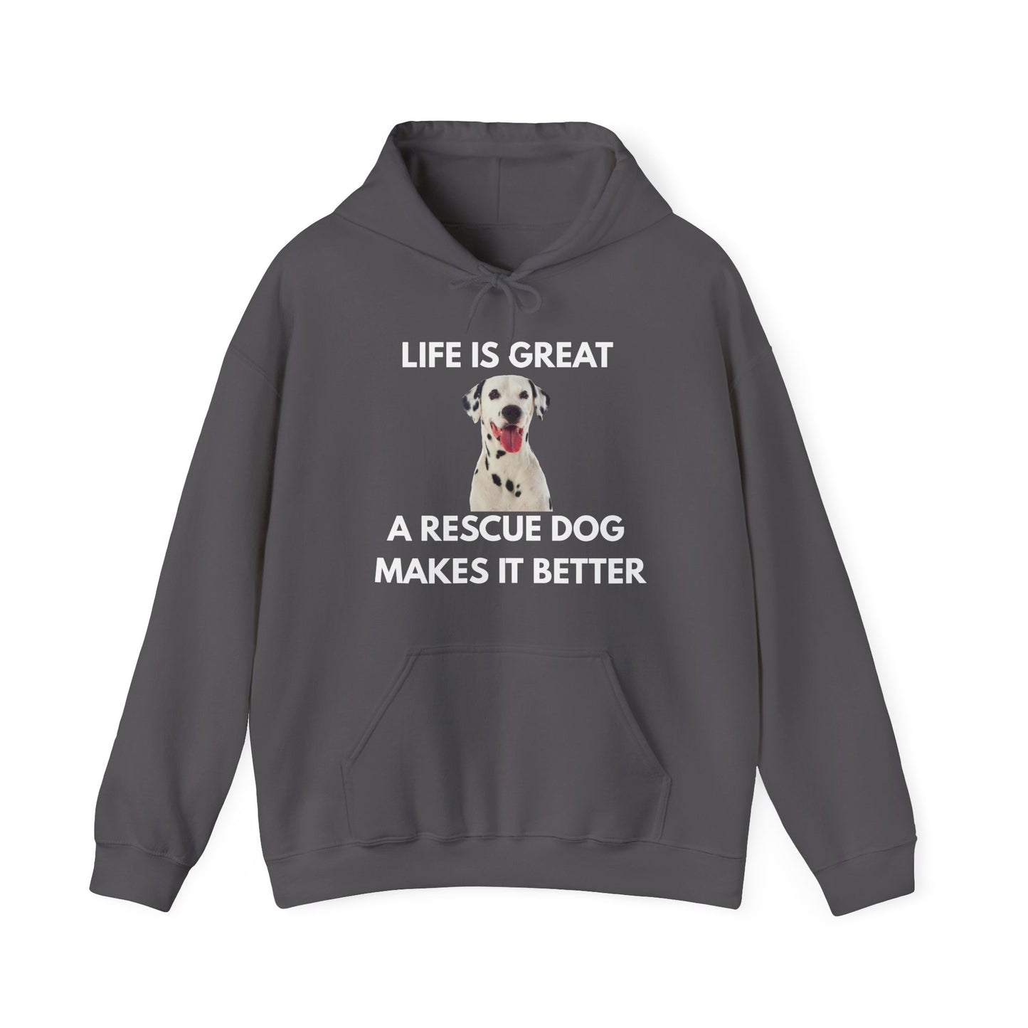 Gray hoodie with a dog graphic and text on a white background