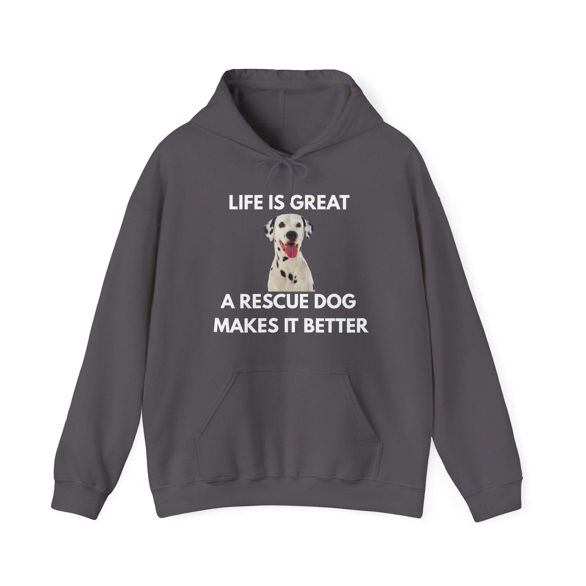 Gray hoodie with a dog graphic and text on a white background