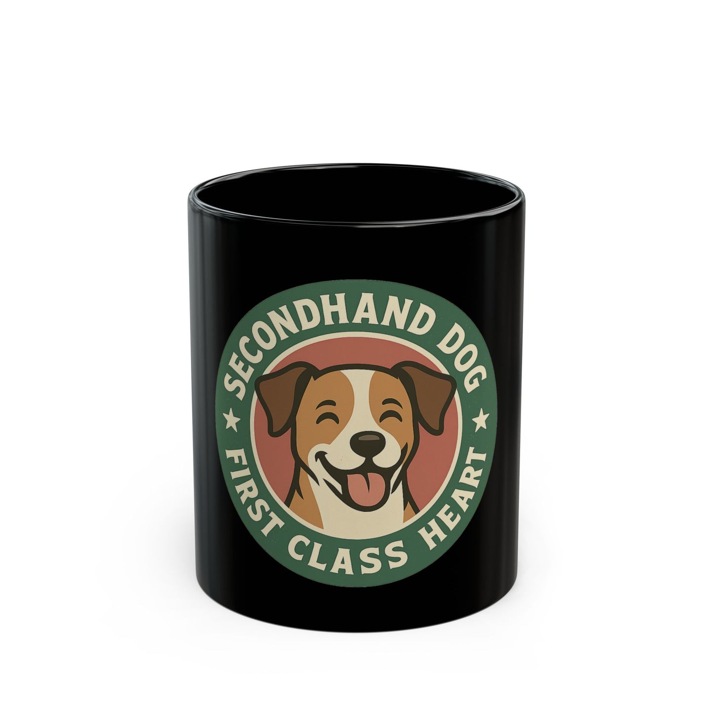 Black mug with a dog-themed design on a white background