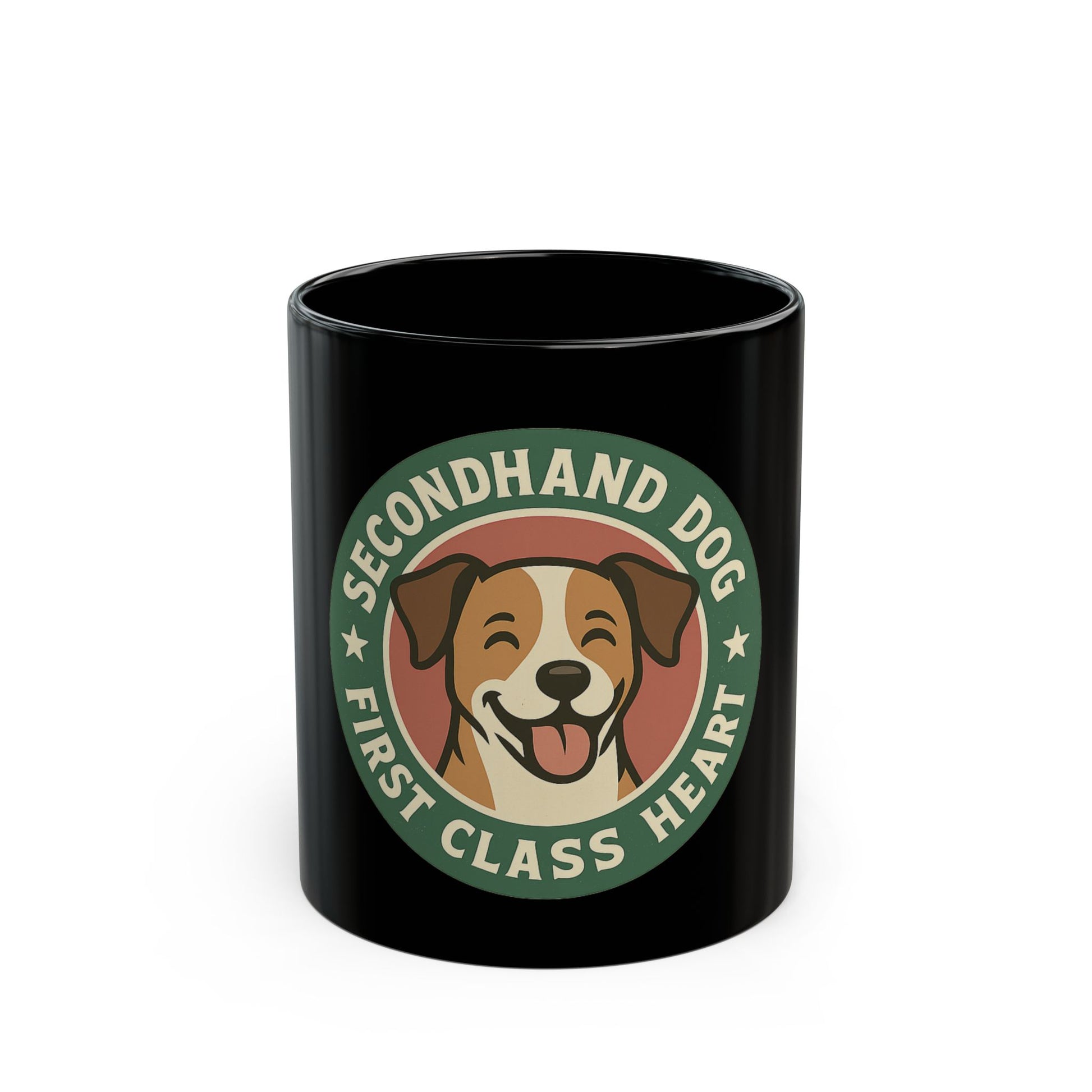 Black mug with a dog-themed design on a white background